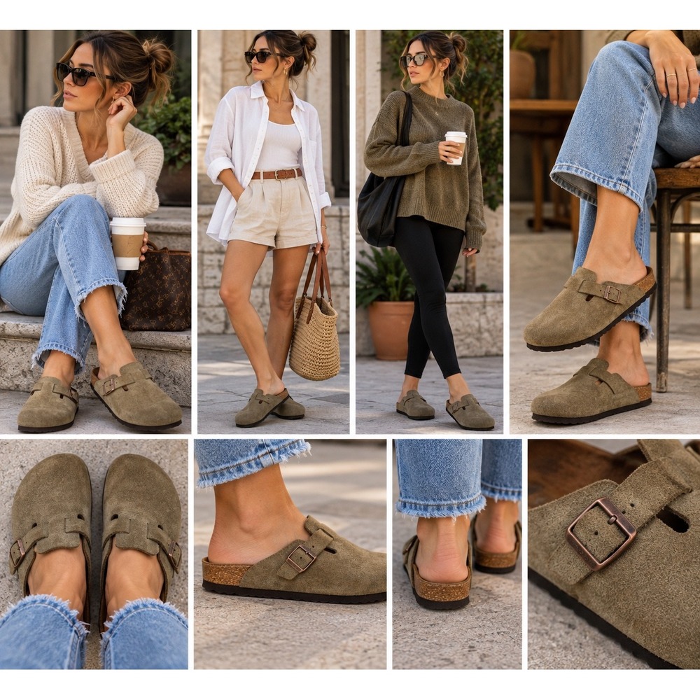 Birkenstock Boston Suede Clogs Taupe Brown Mules size 8